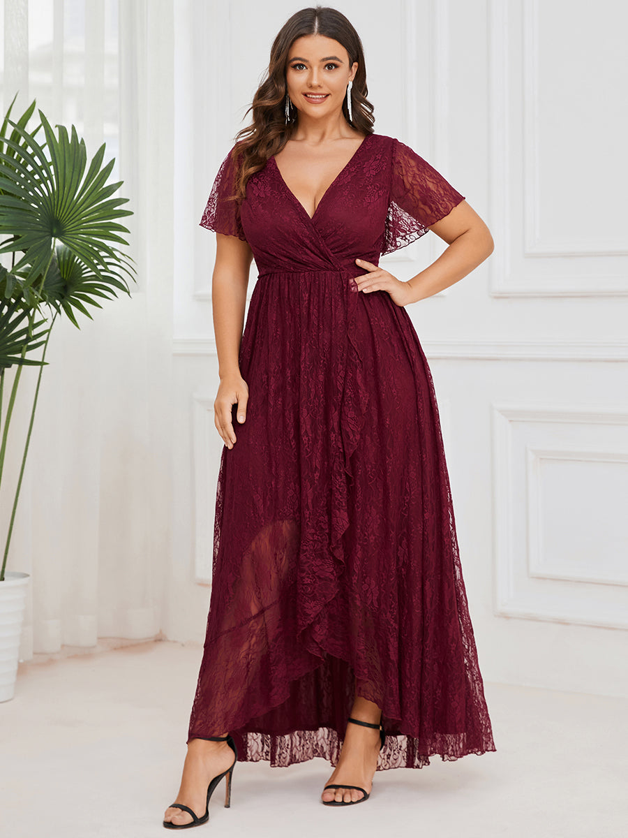 Wow Factor Deep V Neck Sheer Sleeve A-Line Evening Gown