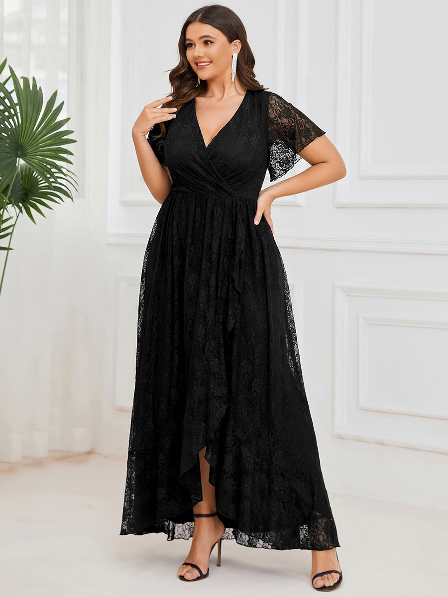 Wow Factor Deep V Neck Sheer Sleeve A-Line Evening Gown