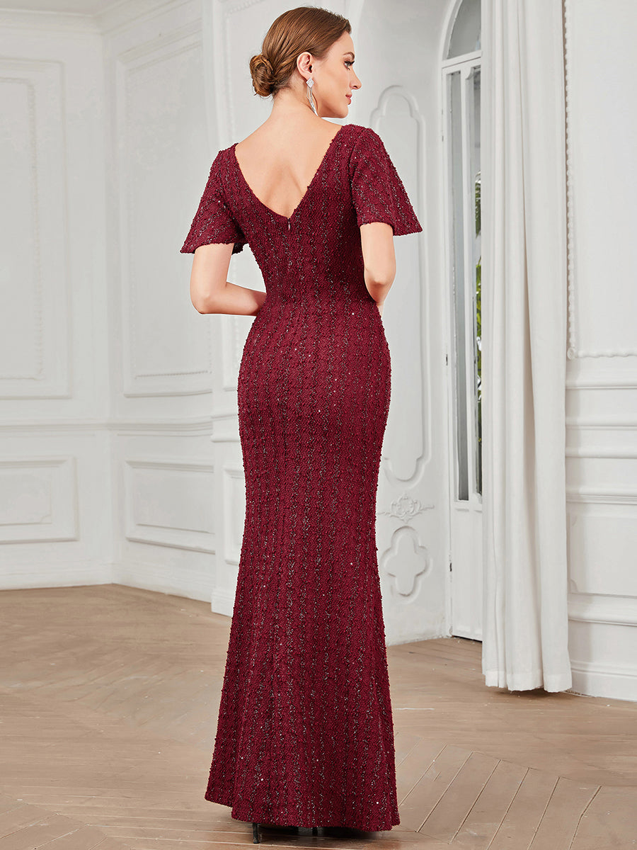Deep V Neck Short Sleeves Wholesale Evening Dresses with Fishtail