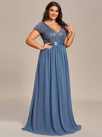 Elegant Plus Size Short Sleeve V-Neck Evening Dress with Belt