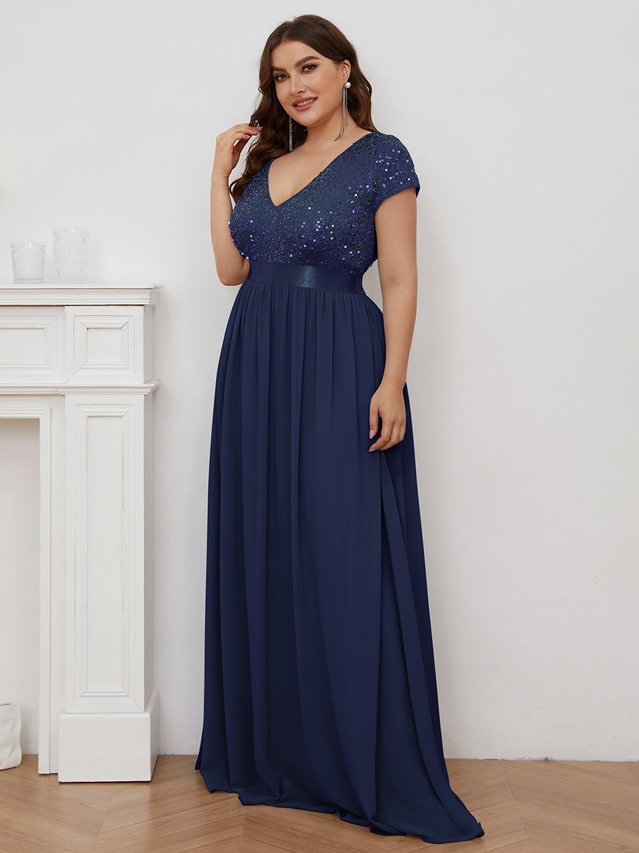 Elegant Plus Size Short Sleeve V-Neck Evening Dress with Belt