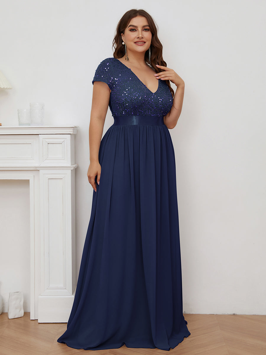 Elegant Plus Size Short Sleeve V-Neck Evening Dress with Belt