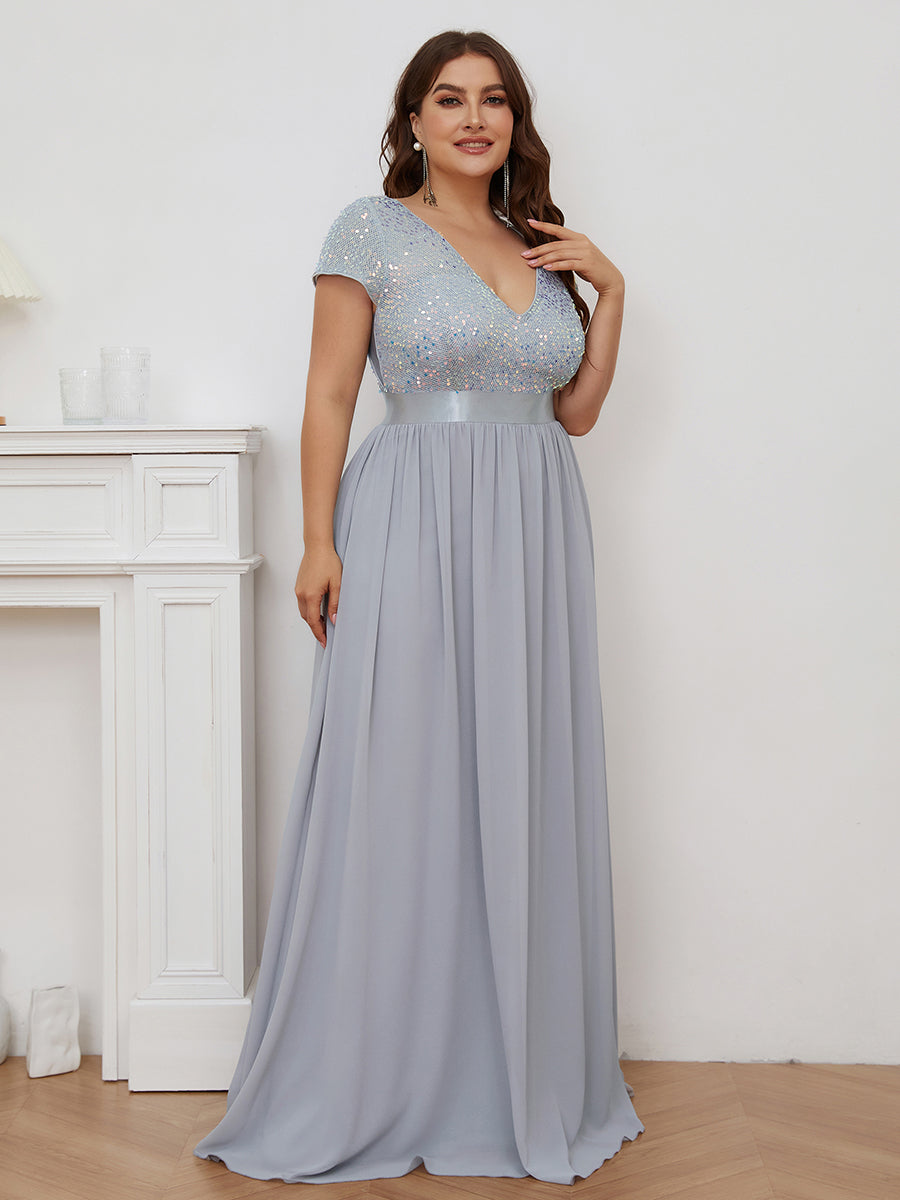 Elegant Plus Size Short Sleeve V-Neck Evening Dress with Belt