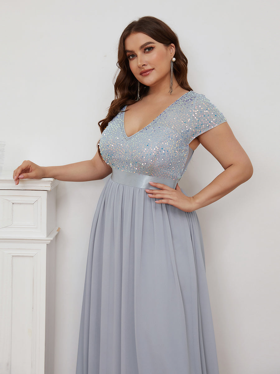 Elegant Plus Size Short Sleeve V-Neck Evening Dress with Belt