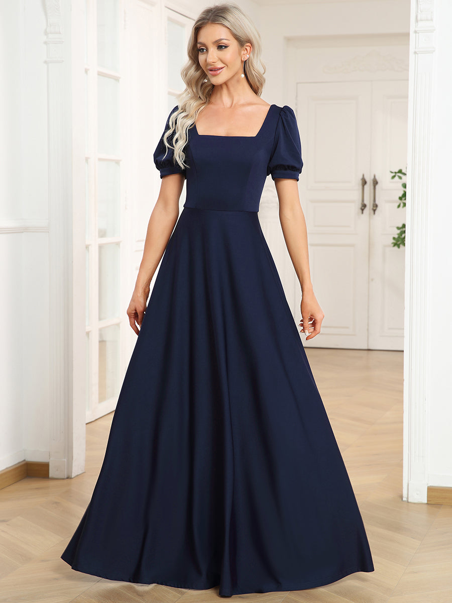 Square Neckline Puff Sleeves A Line Backless Wholesale Evening Dresses