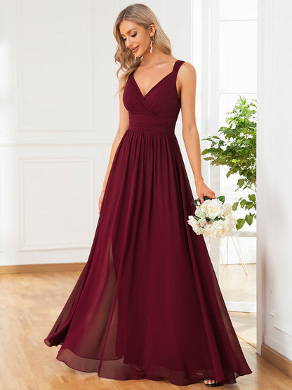 Elegant A-Line Bridesmaid Gown with Deep V-Neck and Pleated Details