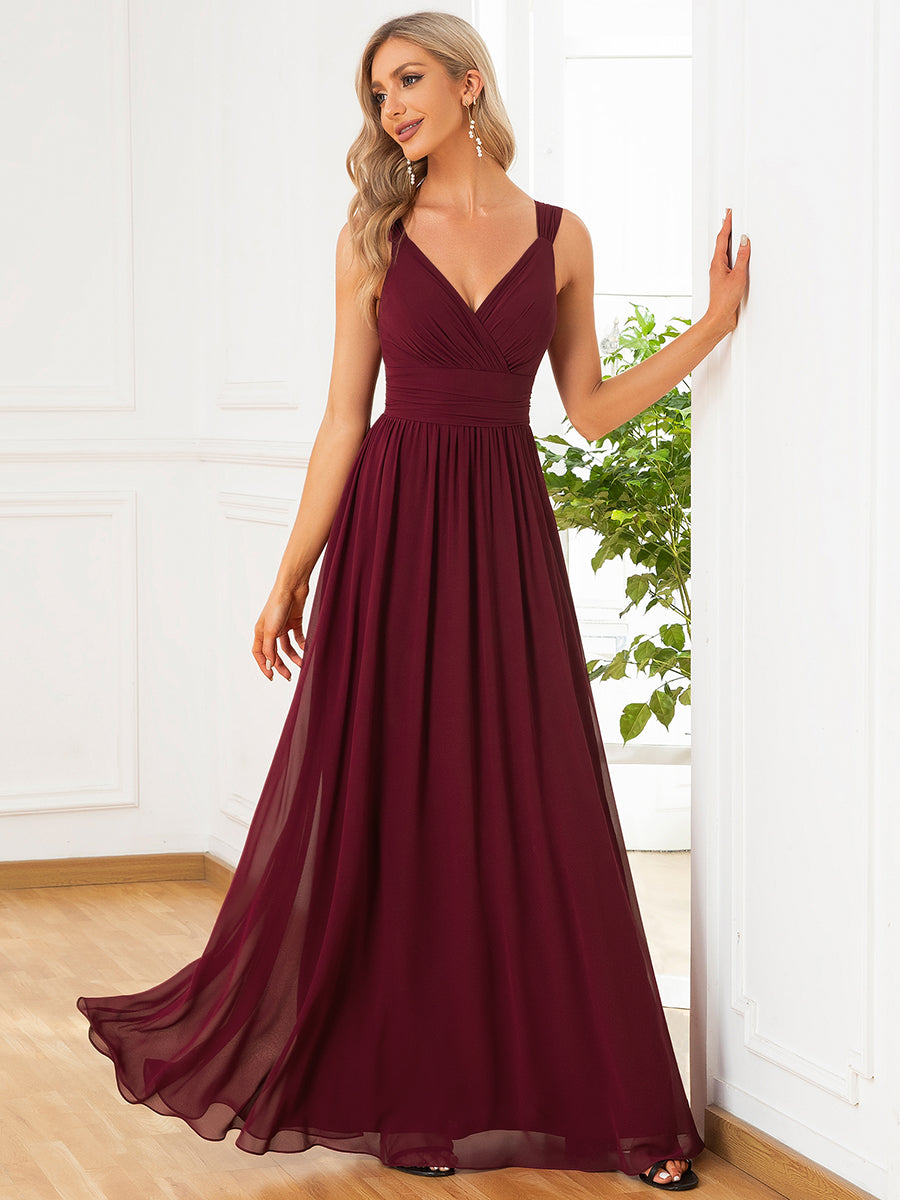 Elegant A-Line Bridesmaid Gown with Deep V-Neck and Pleated Details