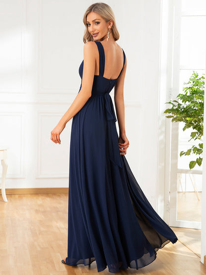 Elegant A-Line Bridesmaid Gown with Deep V-Neck and Pleated Details