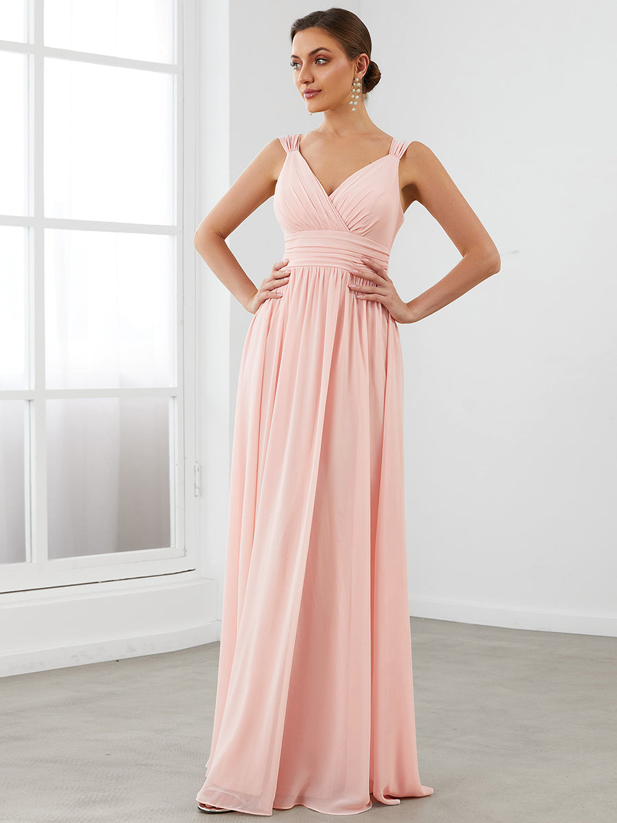 Elegant A-Line Bridesmaid Gown with Deep V-Neck and Pleated Details