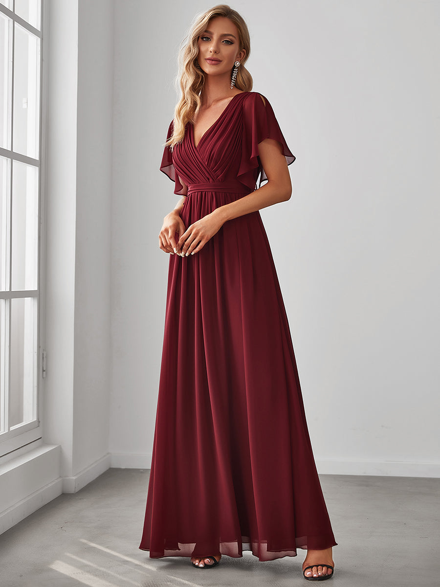 A Line Wholesale Bridesmaid Dresses with Deep V Neck Ruffles Sleeves