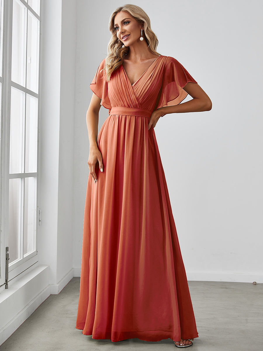 Chic V-Neck Ruffled Sleeve Bridesmaid Gown in A-Line Style