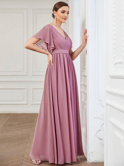 A Line Wholesale Bridesmaid Dresses with Deep V Neck Ruffles Sleeves