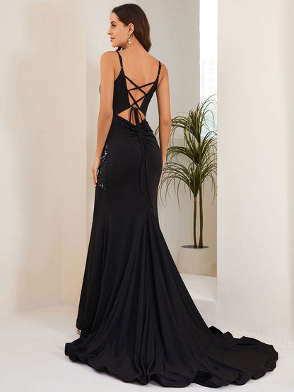 Back Lace-Up Ruched V-Neck Wholesale Sequin Evening Dress with Fishtail