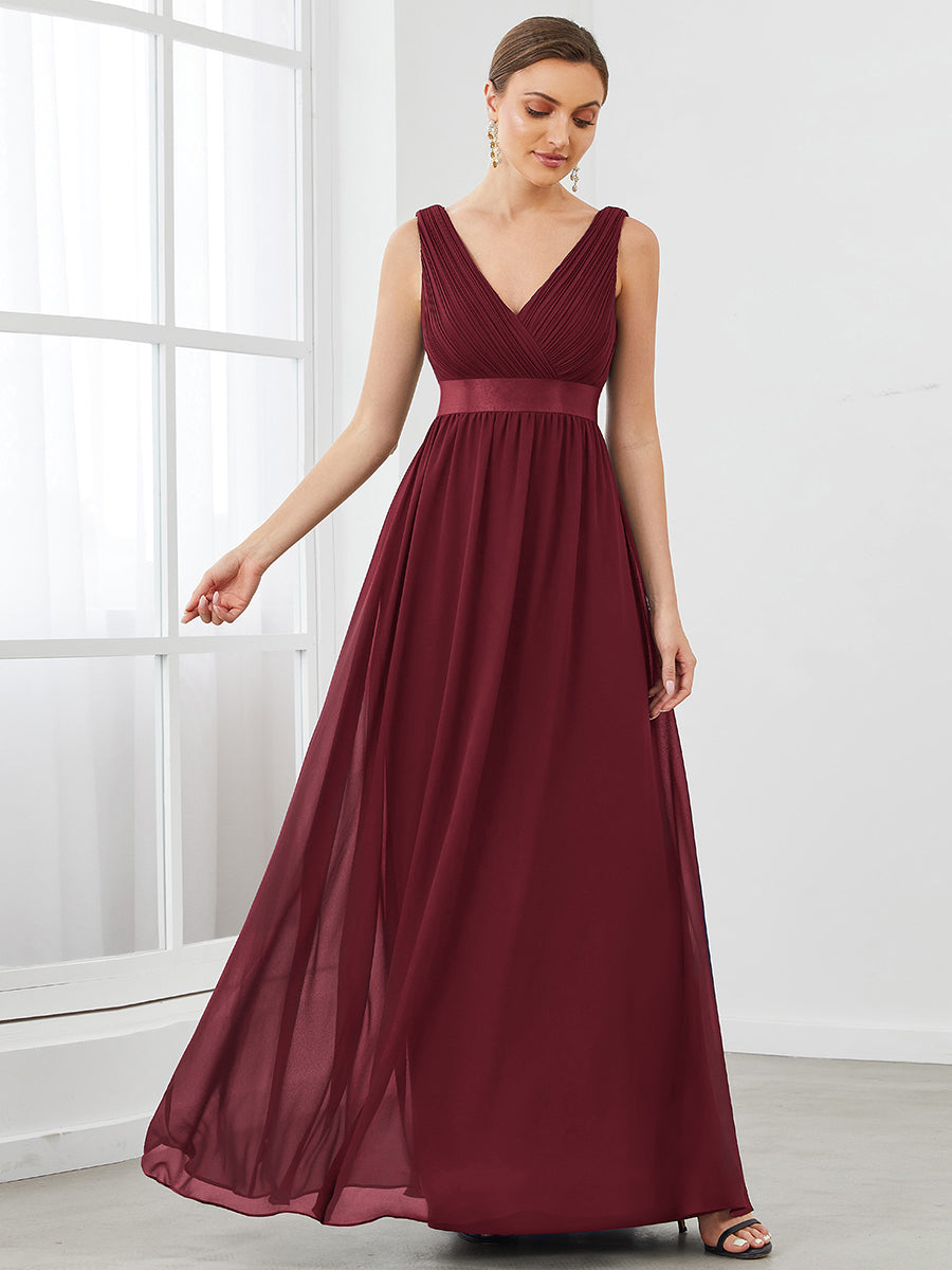 Elegant V-Neck A-Line Bridesmaid Dress with Pleated Detail and Ribbon Belt