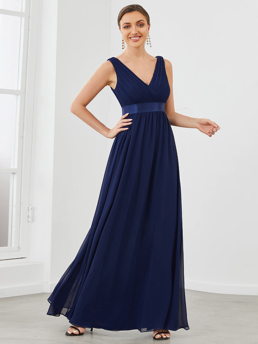 Elegant V-Neck A-Line Bridesmaid Dress with Pleated Detail and Ribbon Belt