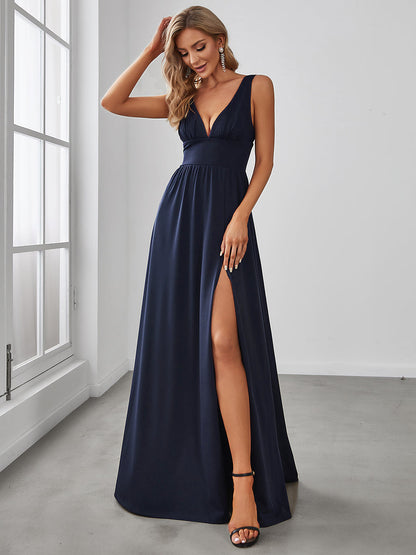 Sleeveless Wholesale Bridesmaid Dresses with Deep V Neck and A Line