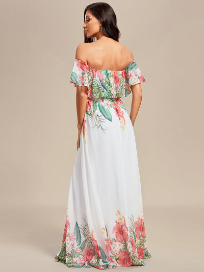 Off Shoulder Split Printed Wholesale Chiffon Evening Dresses