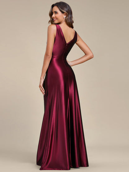 Elegant Satin V-Neck Evening Gown with Ruffled Split Detail