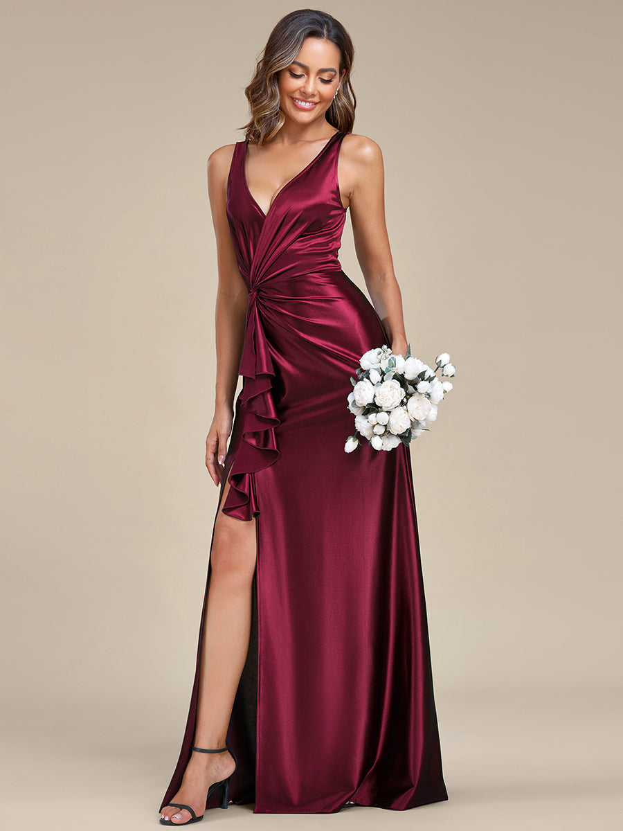 Elegant Satin V-Neck Evening Gown with Ruffled Split Detail