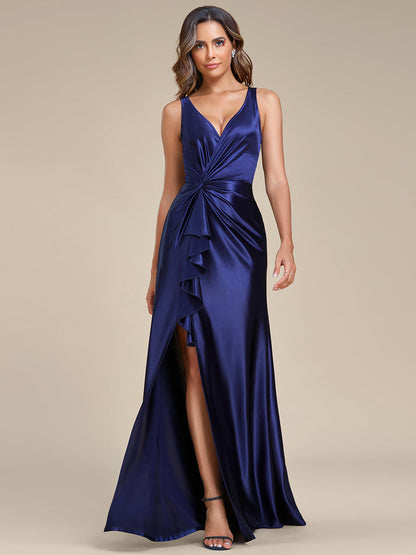 Elegant Satin V-Neck Evening Gown with Ruffled Split Detail