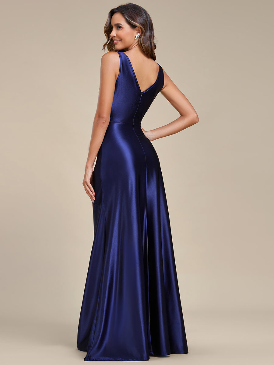 Elegant Satin V-Neck Evening Gown with Ruffled Split Detail