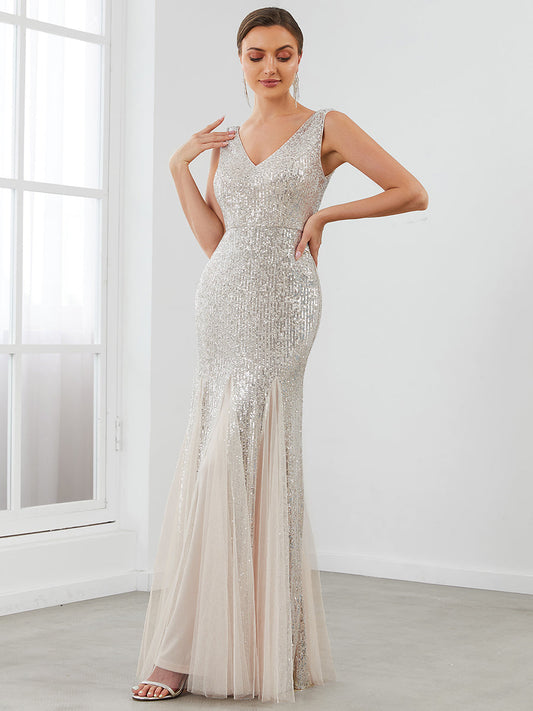 Shimmering Sequin A-Line Evening Gown with Sleeveless Design