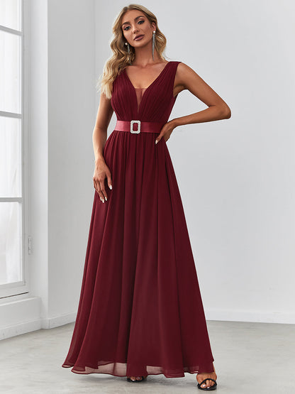 Elegant Deep V-Neck Sleeveless Bridesmaid Dress with A-Line Silhouette