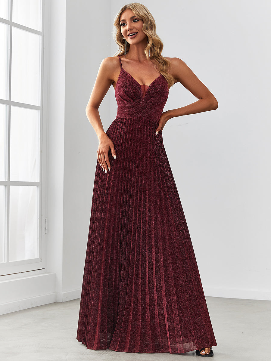 Glamorous V-Neck A-Line Evening Gown with Spaghetti Straps