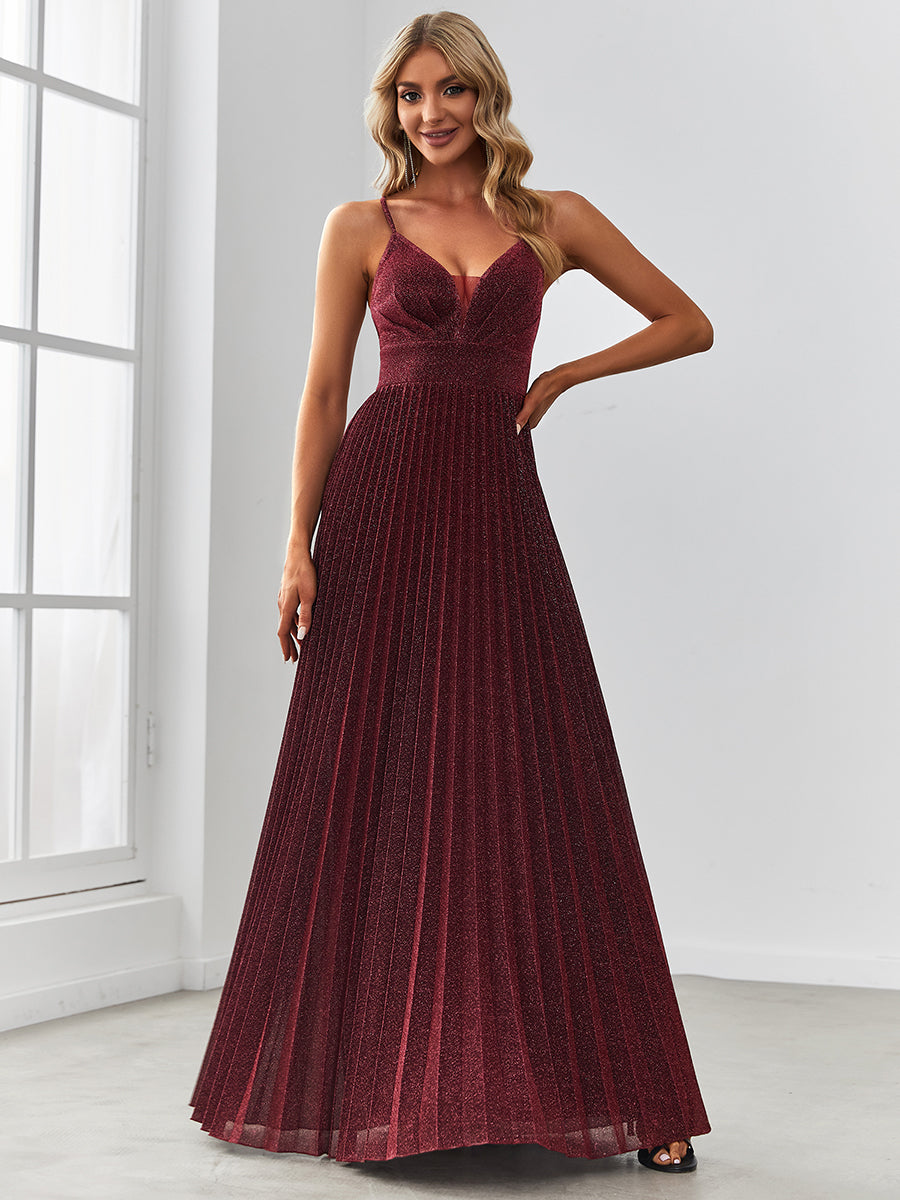 Glamorous V-Neck A-Line Evening Gown with Spaghetti Straps