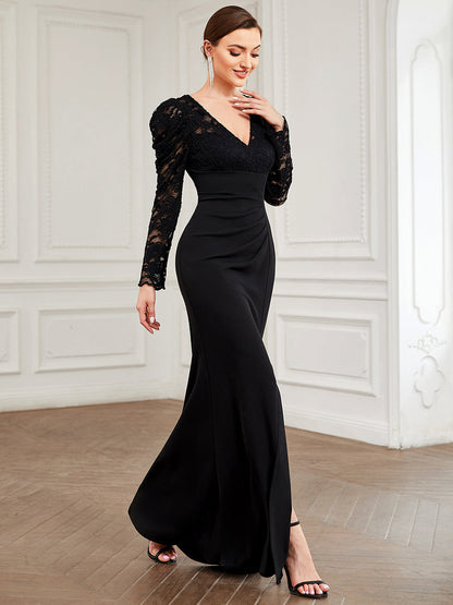 Leg-of-Mutton Sleeves A Line Wholesale Evening Dresses with V Neck