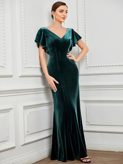 Deep V Neck Fishtail Wholesale Evening Dresses with Ruffles Sleeves