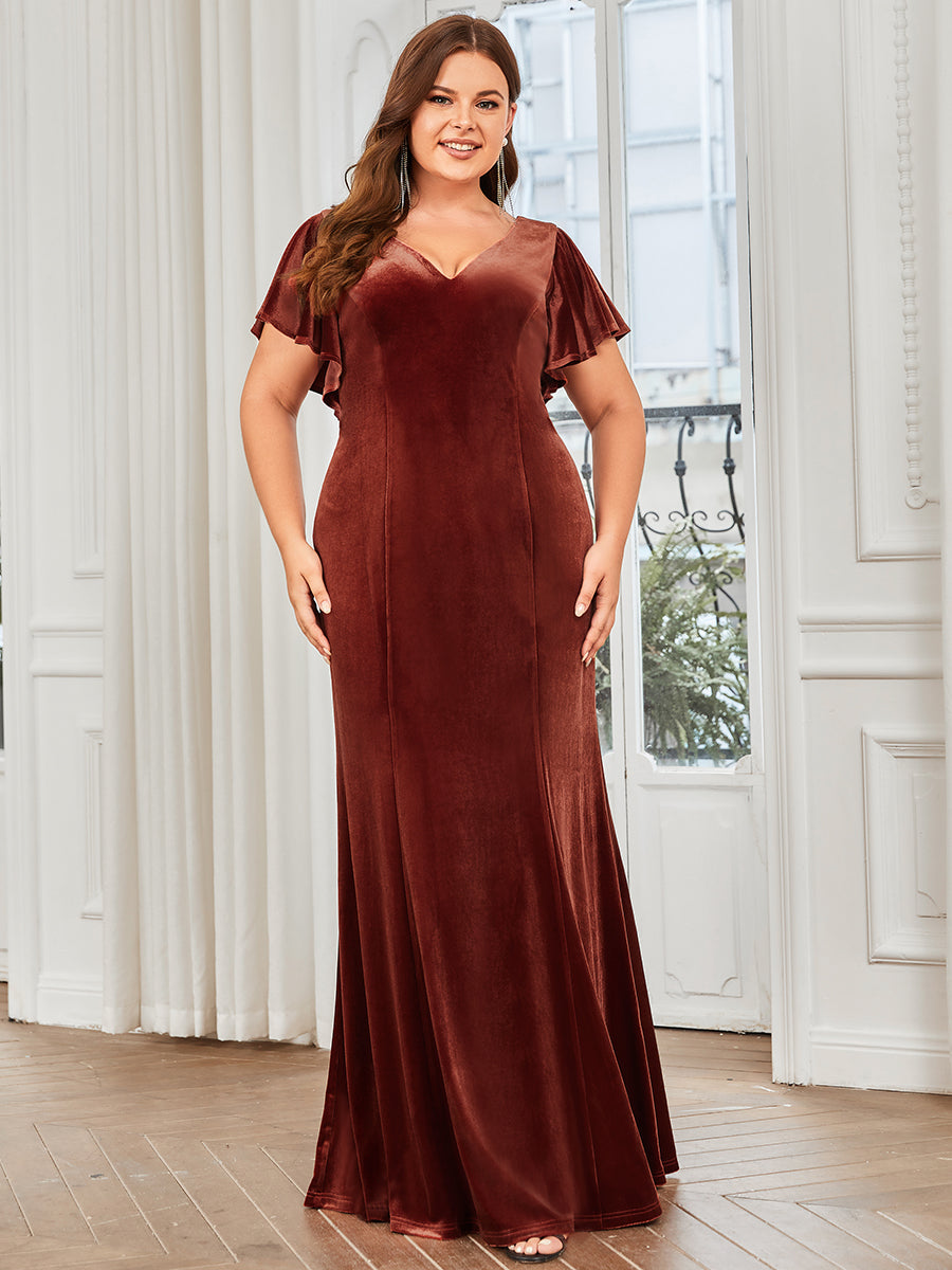 Plus Size Deep V Neck Fishtail Wholesale Evening Dresses with Ruffles Sleeves