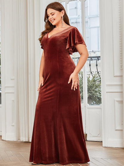 Plus Size Deep V Neck Fishtail Wholesale Evening Dresses with Ruffles Sleeves