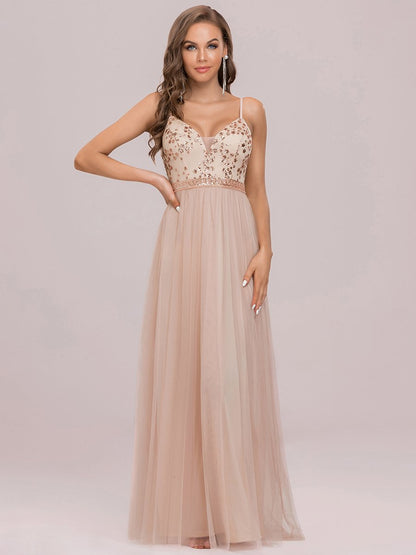 Elegant Sequin Embellished A-Line Evening Gown with Deep V-Neck