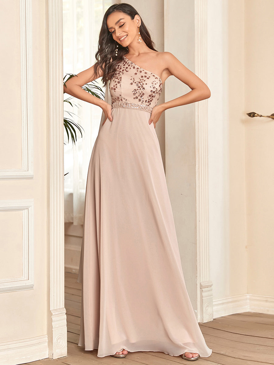 Elegant Sequined One Shoulder Chiffon Evening Gown