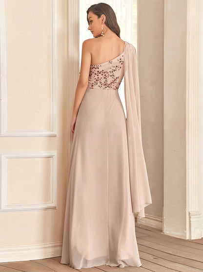 One Shoulder Sleeveless Wholesale Chiffon Evening Dresses With Sequin