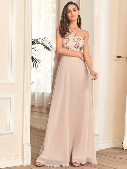 One Shoulder Sleeveless Wholesale Chiffon Evening Dresses With Sequin