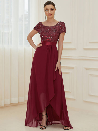 Exquisite Sparkle Embellished Evening Gown with Ribbon Waistbelt