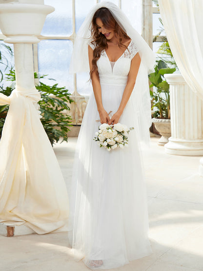 Lace V-Neck Wholesale A-line Tulle Wedding Dress With Cap Sleeves