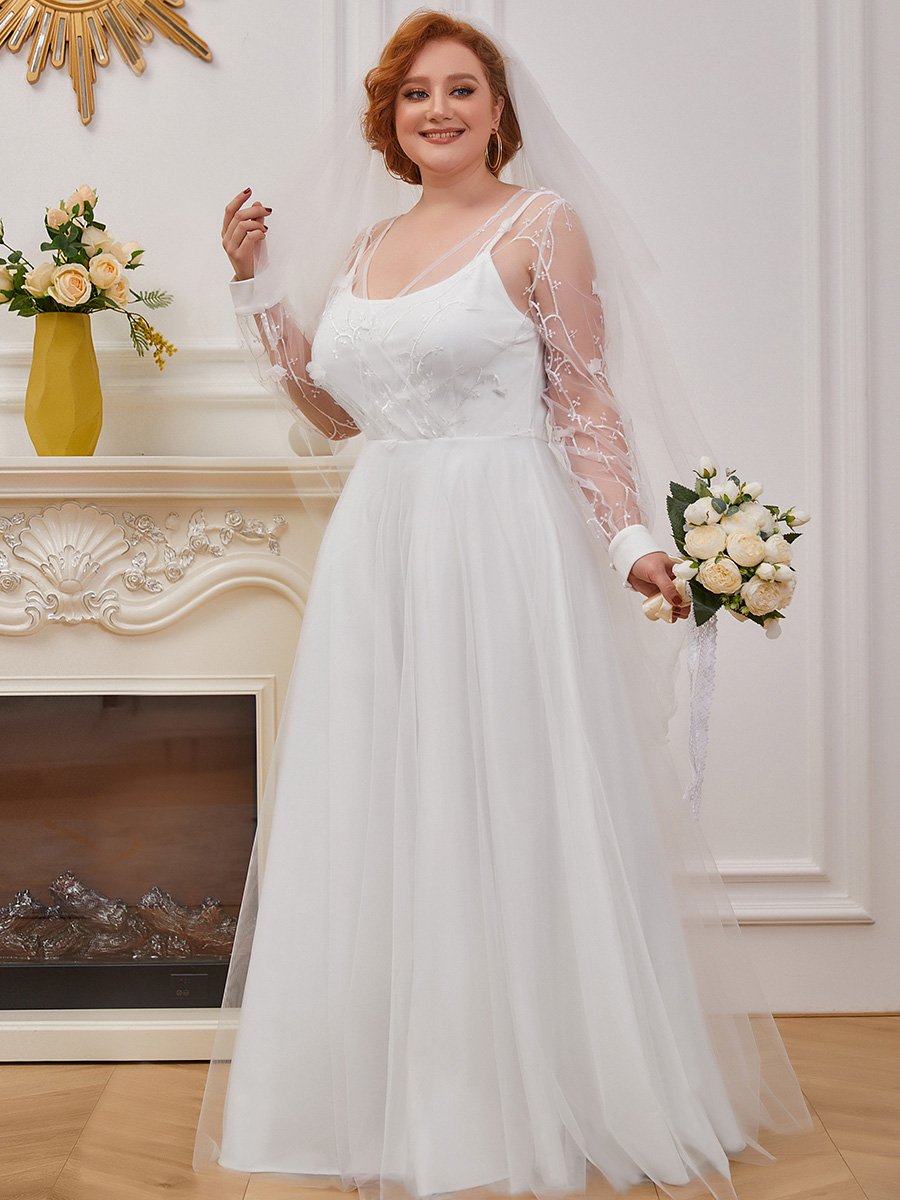Plus Size Wholesale Simple Tulle Wedding Dress with Long Sleeves