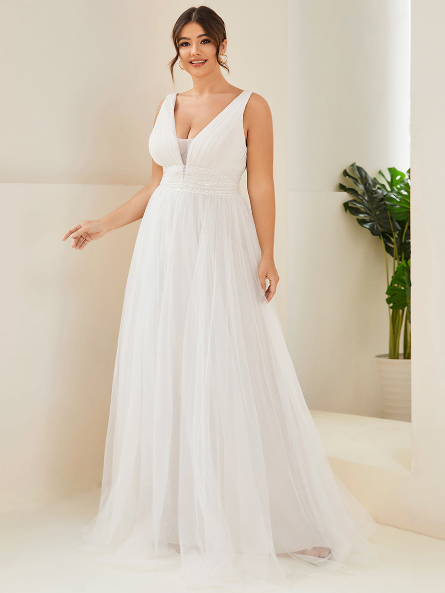 Elegant A-Line Plus Size Wedding Gown with Deep V-Neck and Backless Design