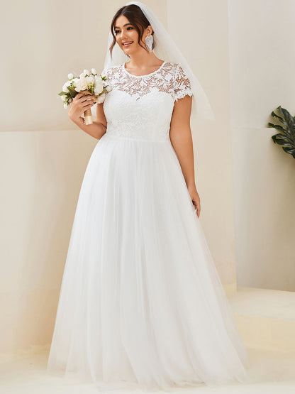 Remarkable Plus Size Wedding Gown with Round Neck and Sheer Sleeves