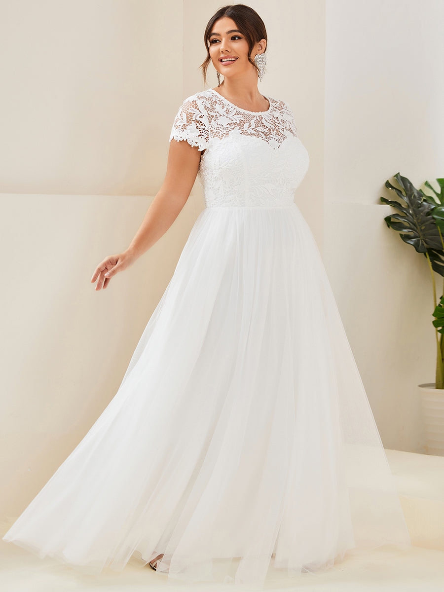 Remarkable Plus Size Wedding Gown with Round Neck and Sheer Sleeves