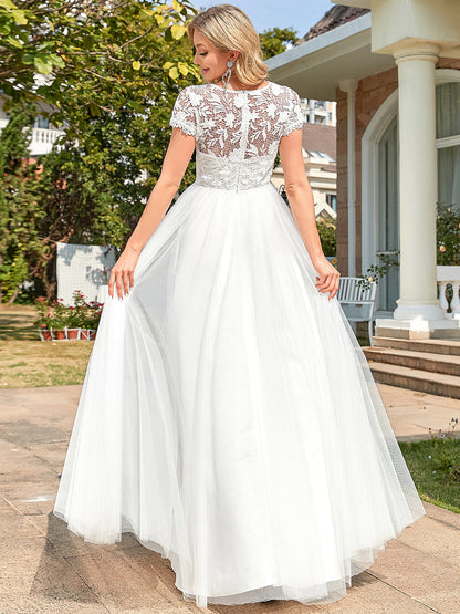 A Line Wholesale Wedding Dresses with Round Neck and Short Sleeves