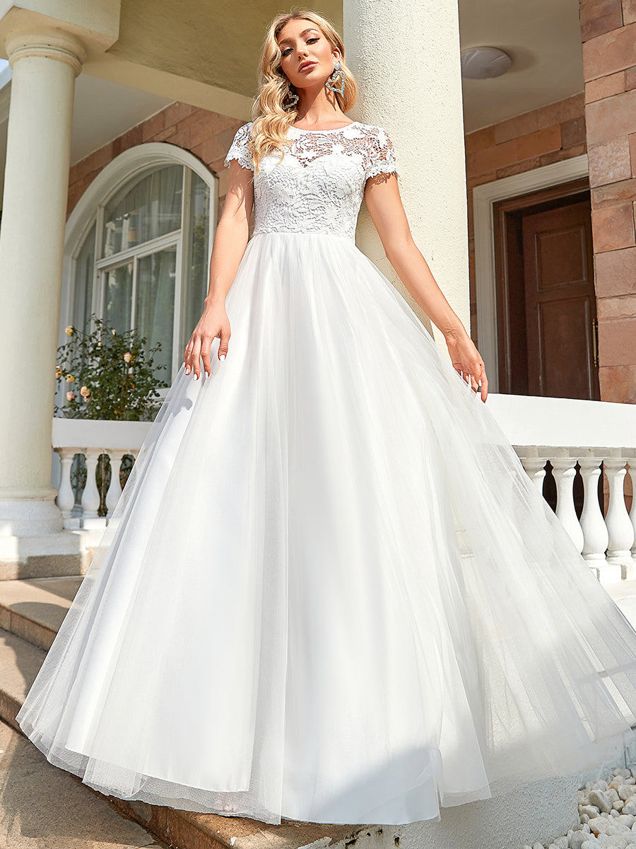 A Line Wholesale Wedding Dresses with Round Neck and Short Sleeves