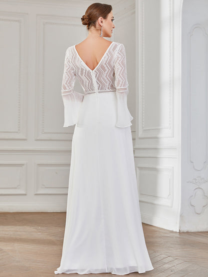 Deep V Neck A Line Wholesale Wedding Dresses with Long Sleeves