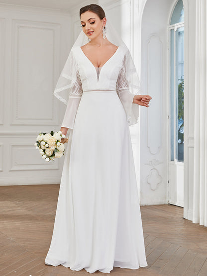Deep V Neck A Line Wholesale Wedding Dresses with Long Sleeves