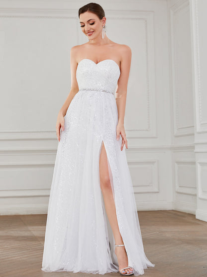 Gorgeous A Line Strapless Thigh High Split Wholesale Wedding Dresses
