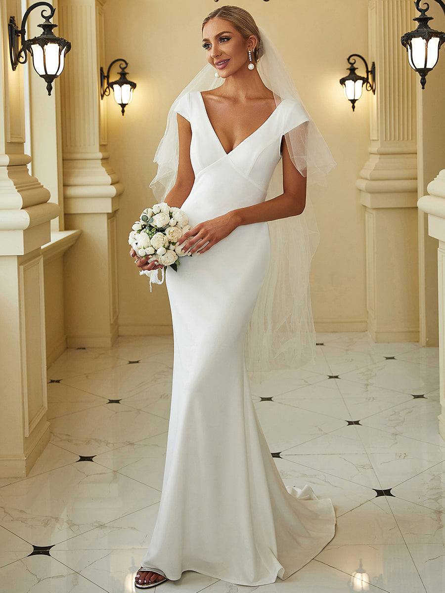 Glamorous Deep V-Neck Fishtail Wedding Gown with Sleeves