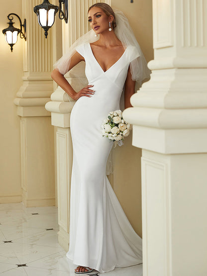 Cover Sleeves Backless Fishtail Deep V Neck Wholesale Wedding Dresses